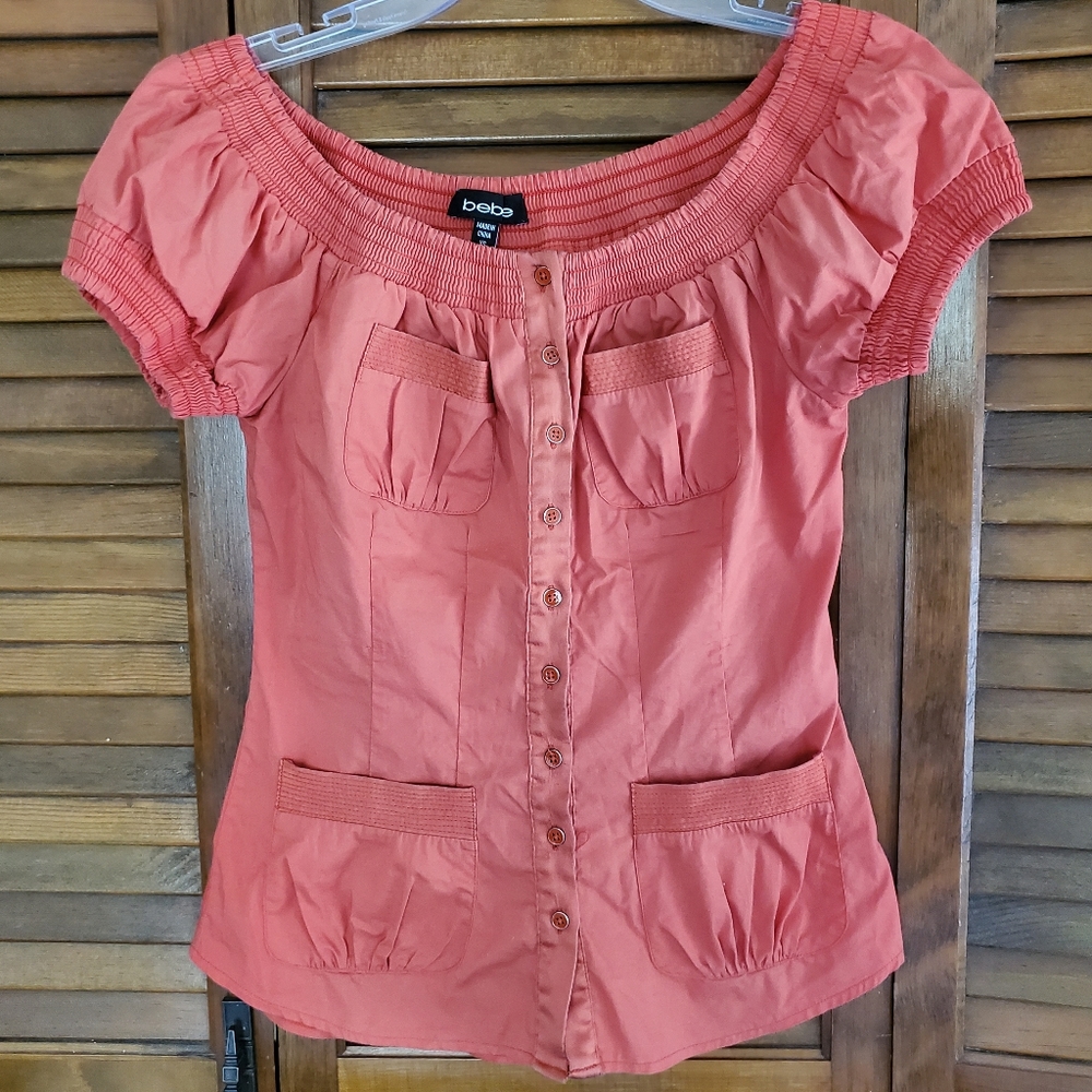 Bebe Coral Button Down Blouse XS Cotton And Silk Top